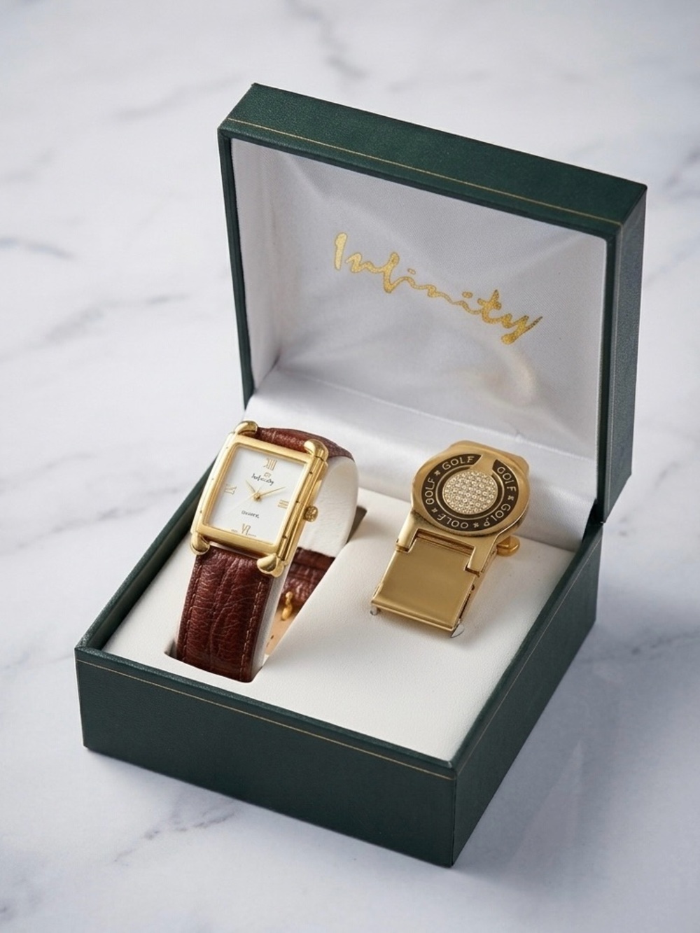 NFINITY Gold-Tone Square Case Watch with Brown Leather Strap and Gold Clip
